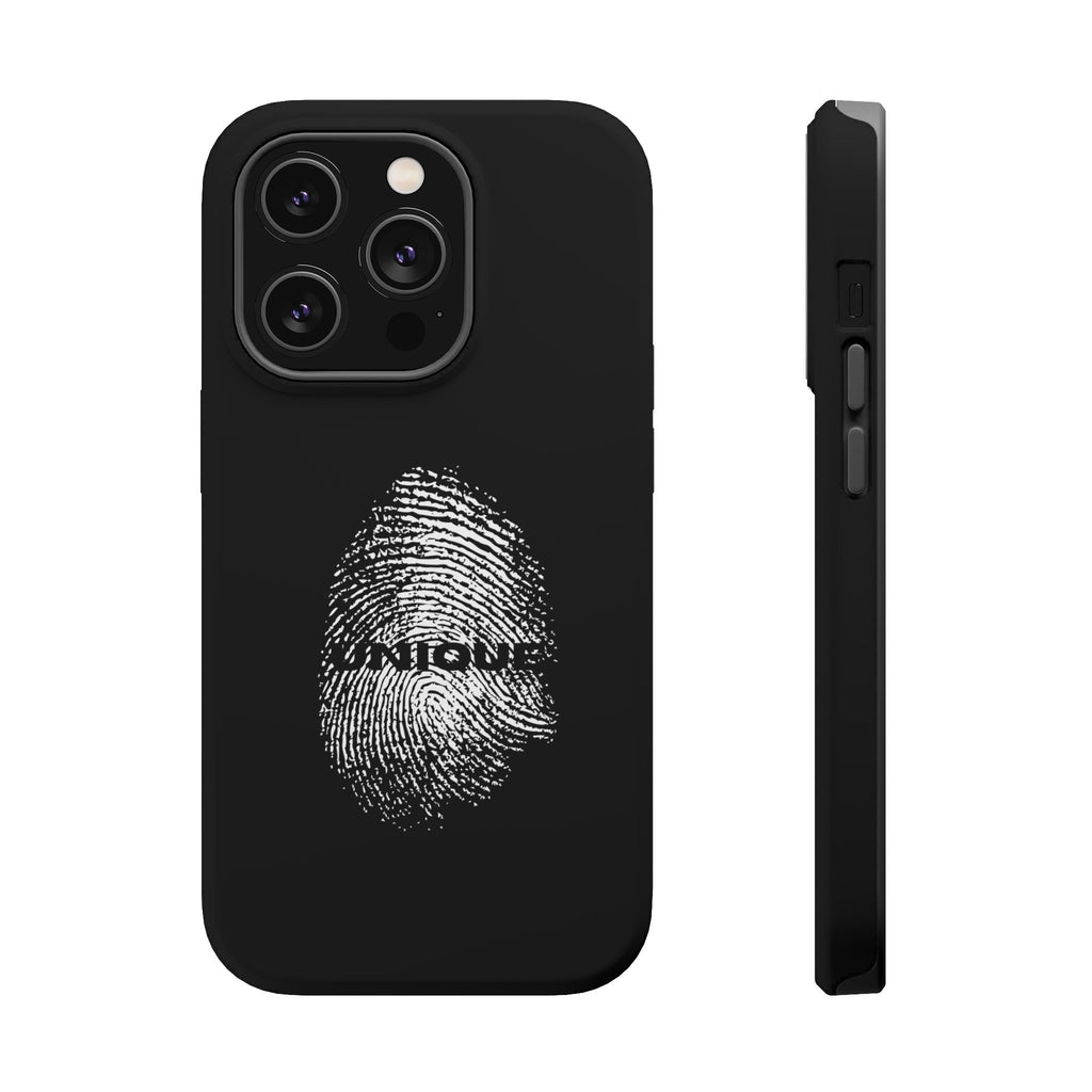 iPhone Case — Black Magnetic Impact-Resistant with Fingerprint Graphic & "Unique" Text