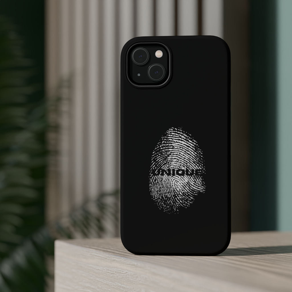 iPhone Case — Black Magnetic Impact-Resistant with Fingerprint Graphic & "Unique" Text