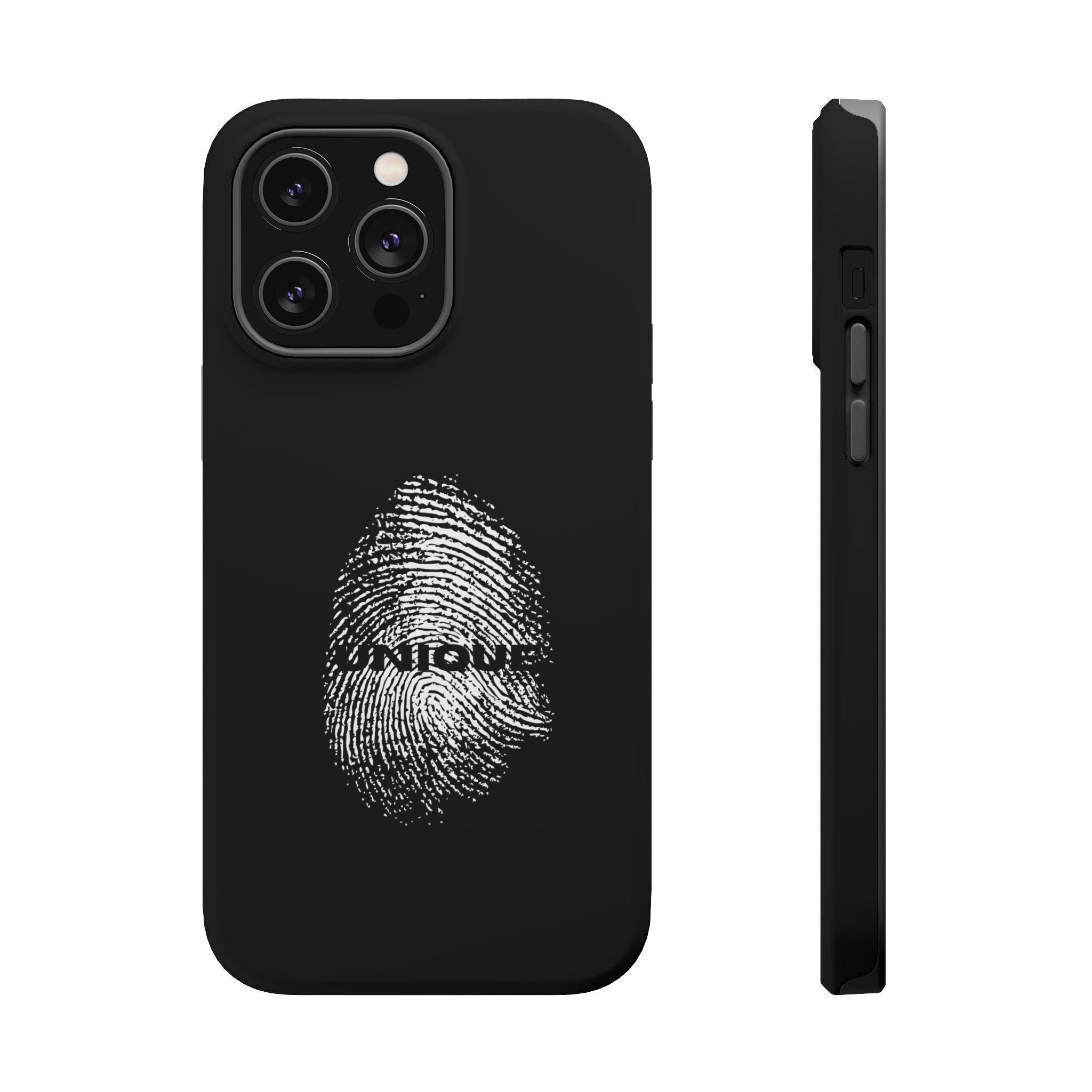 iPhone Case — Black Magnetic Impact-Resistant with Fingerprint Graphic & "Unique" Text