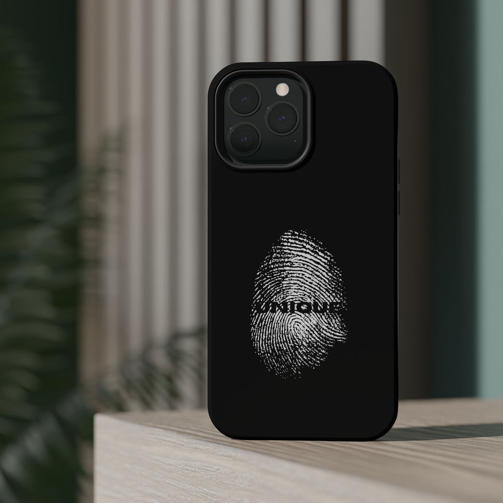 iPhone Case — Black Magnetic Impact-Resistant with Fingerprint Graphic & "Unique" Text
