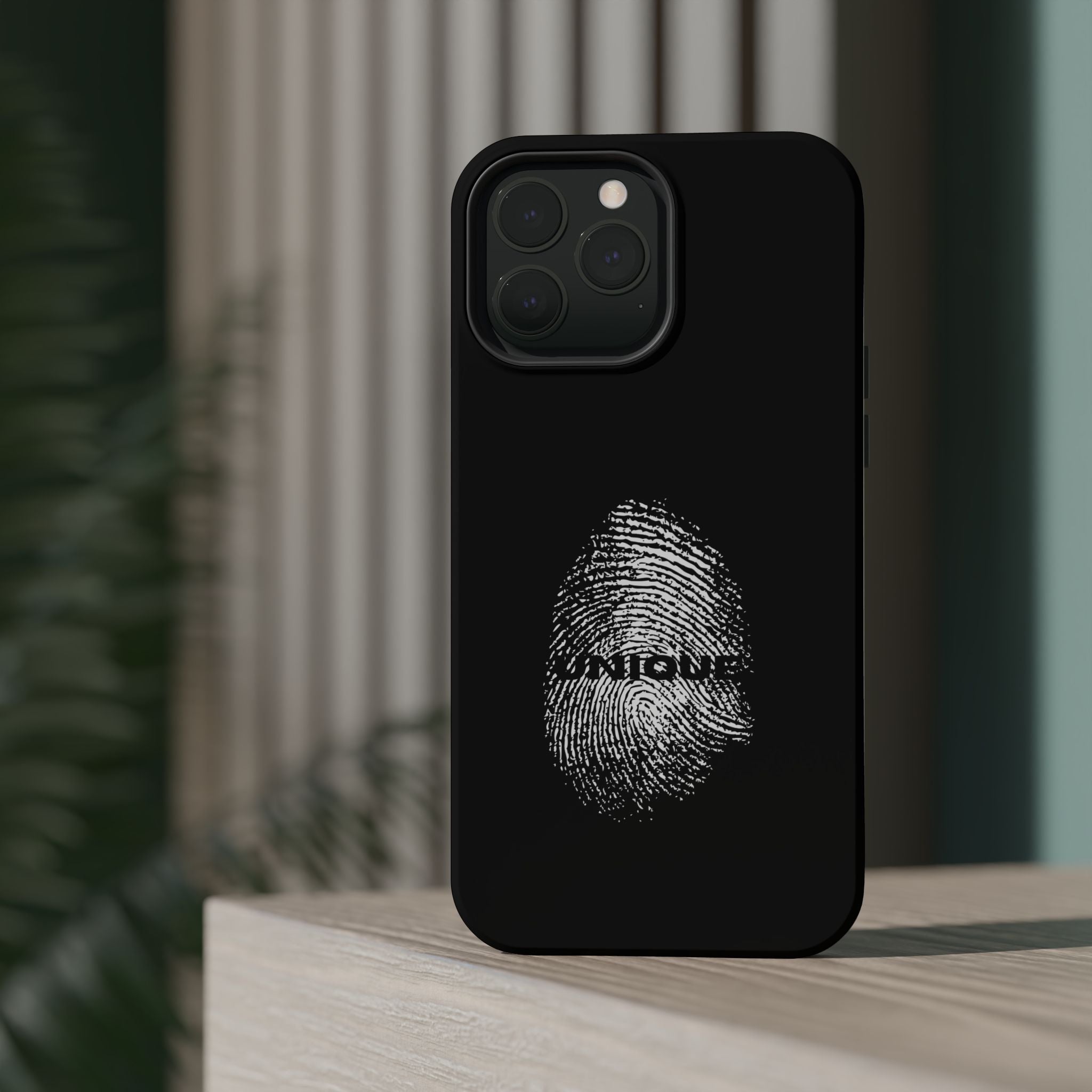 iPhone Case — Black Magnetic Impact-Resistant with Fingerprint Graphic & "Unique" Text