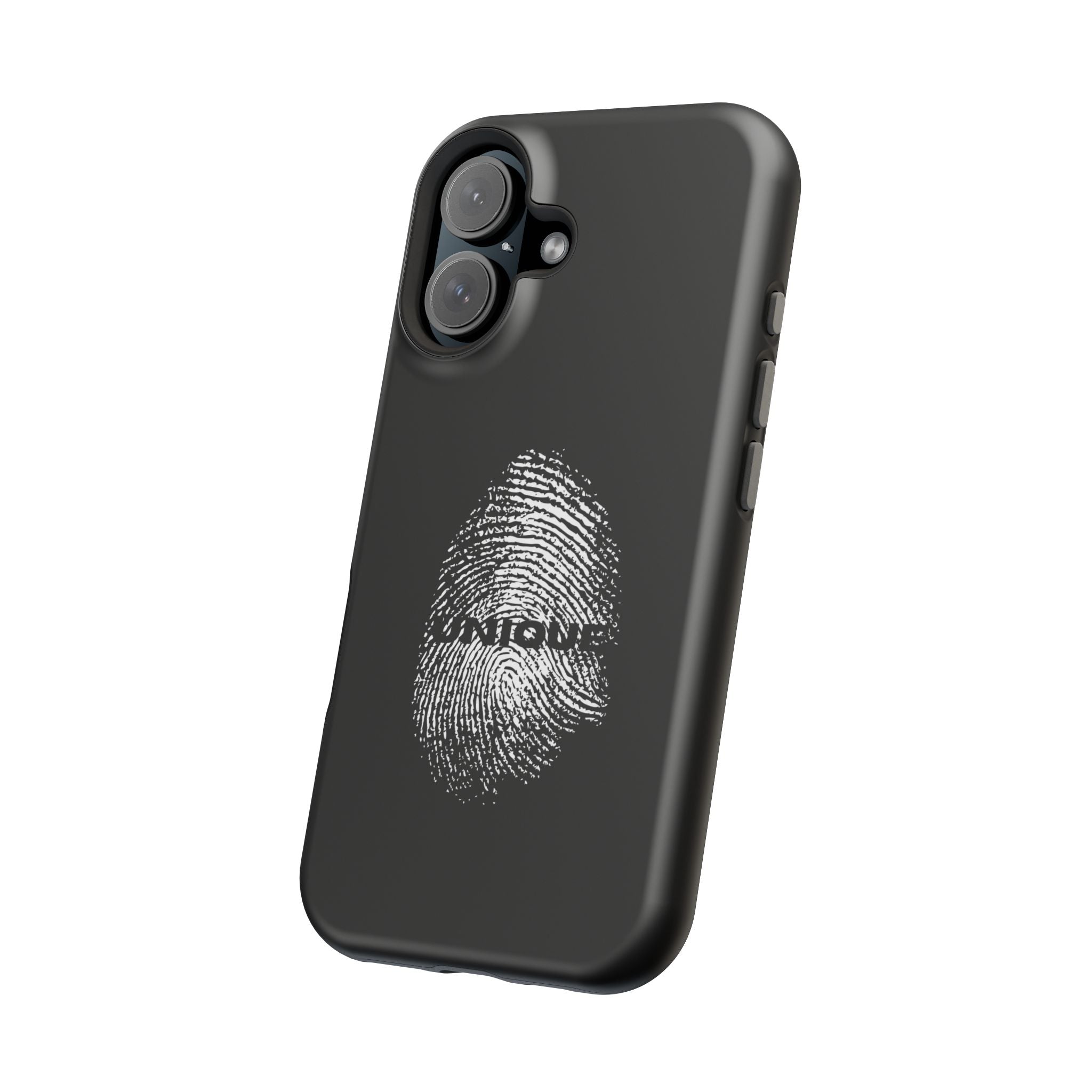 iPhone Case — Black Magnetic Impact-Resistant with Fingerprint Graphic & "Unique" Text