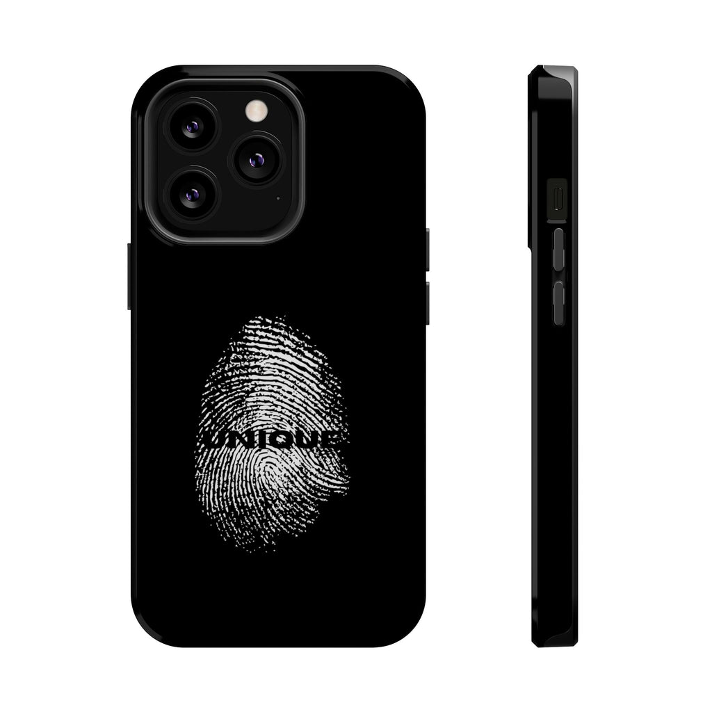 iPhone Case — Black Magnetic Impact-Resistant with Fingerprint Graphic & "Unique" Text