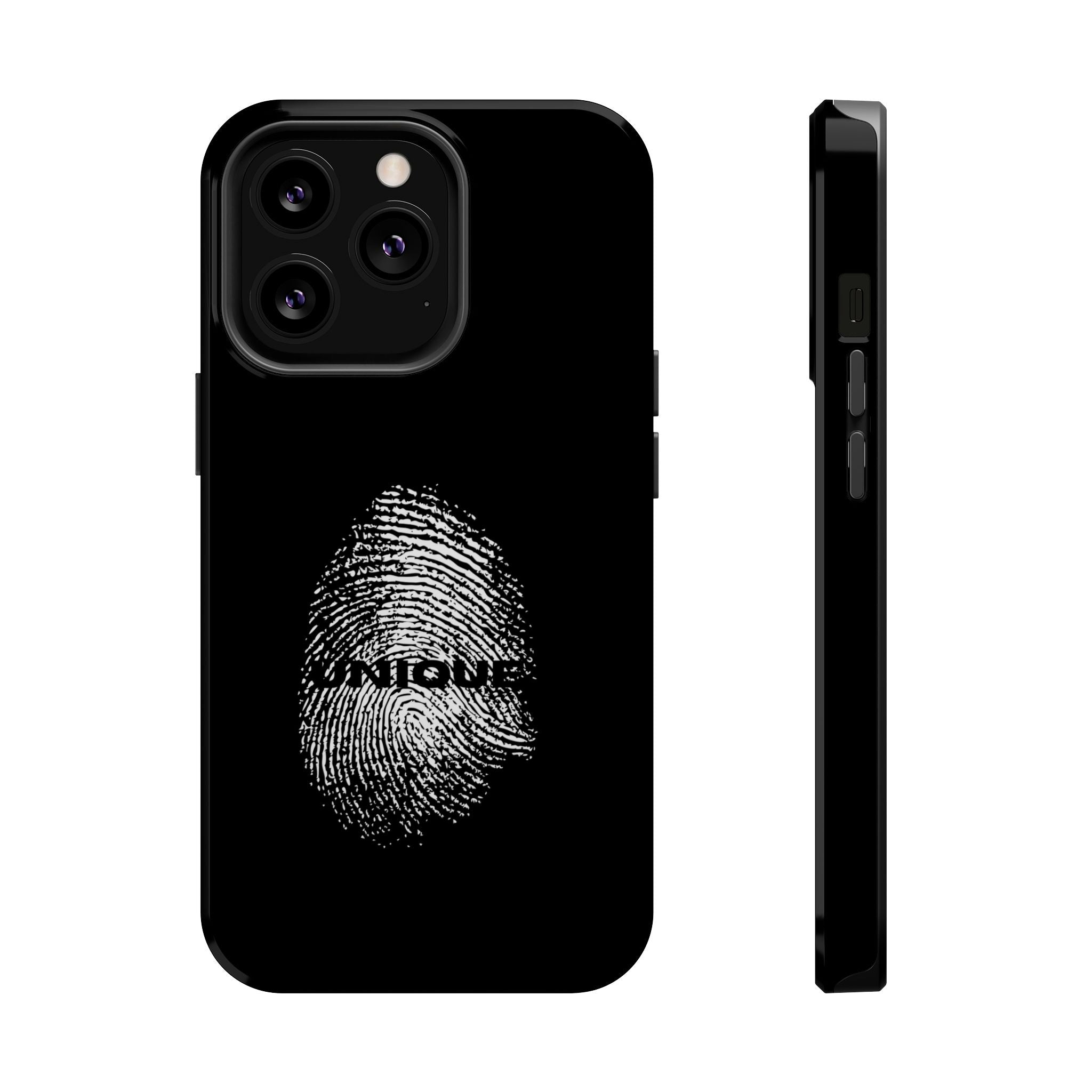 iPhone Case — Black Magnetic Impact-Resistant with Fingerprint Graphic & "Unique" Text