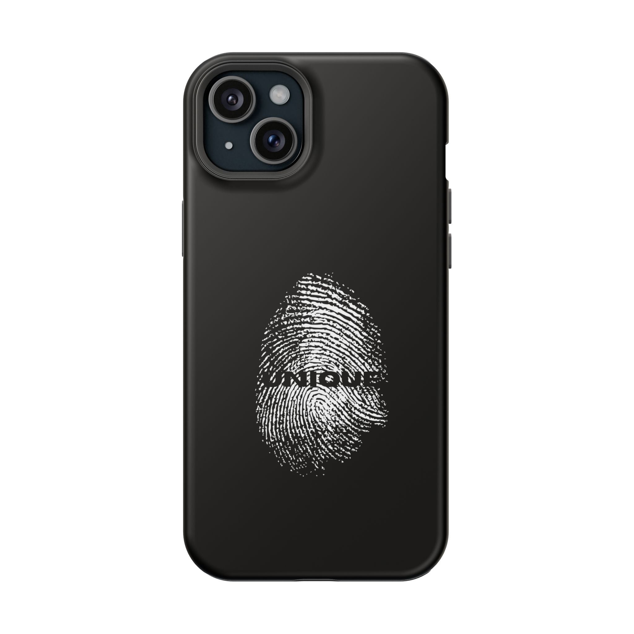 iPhone Case — Black Magnetic Impact-Resistant with Fingerprint Graphic & "Unique" Text