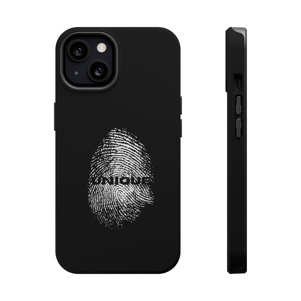 iPhone Case — Black Magnetic Impact-Resistant with Fingerprint Graphic & "Unique" Text
