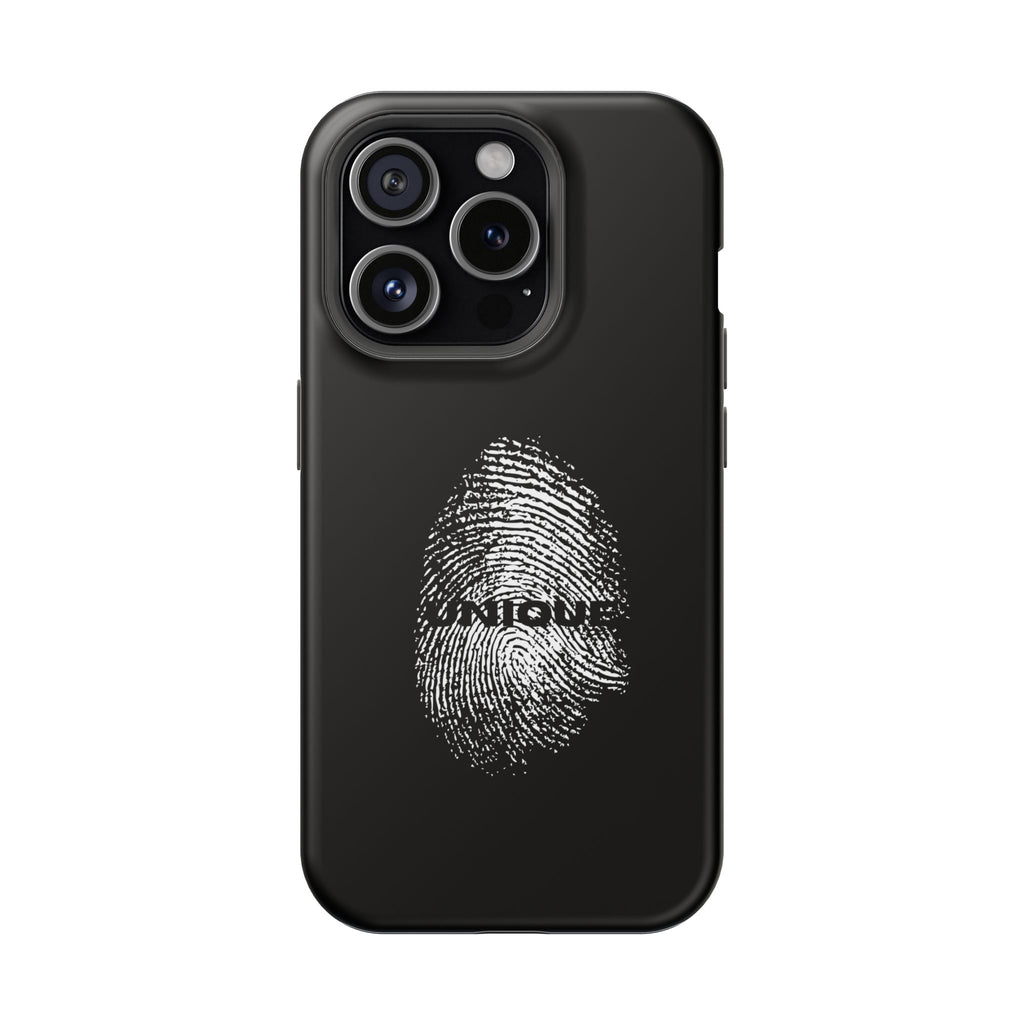 iPhone Case — Black Magnetic Impact-Resistant with Fingerprint Graphic & "Unique" Text