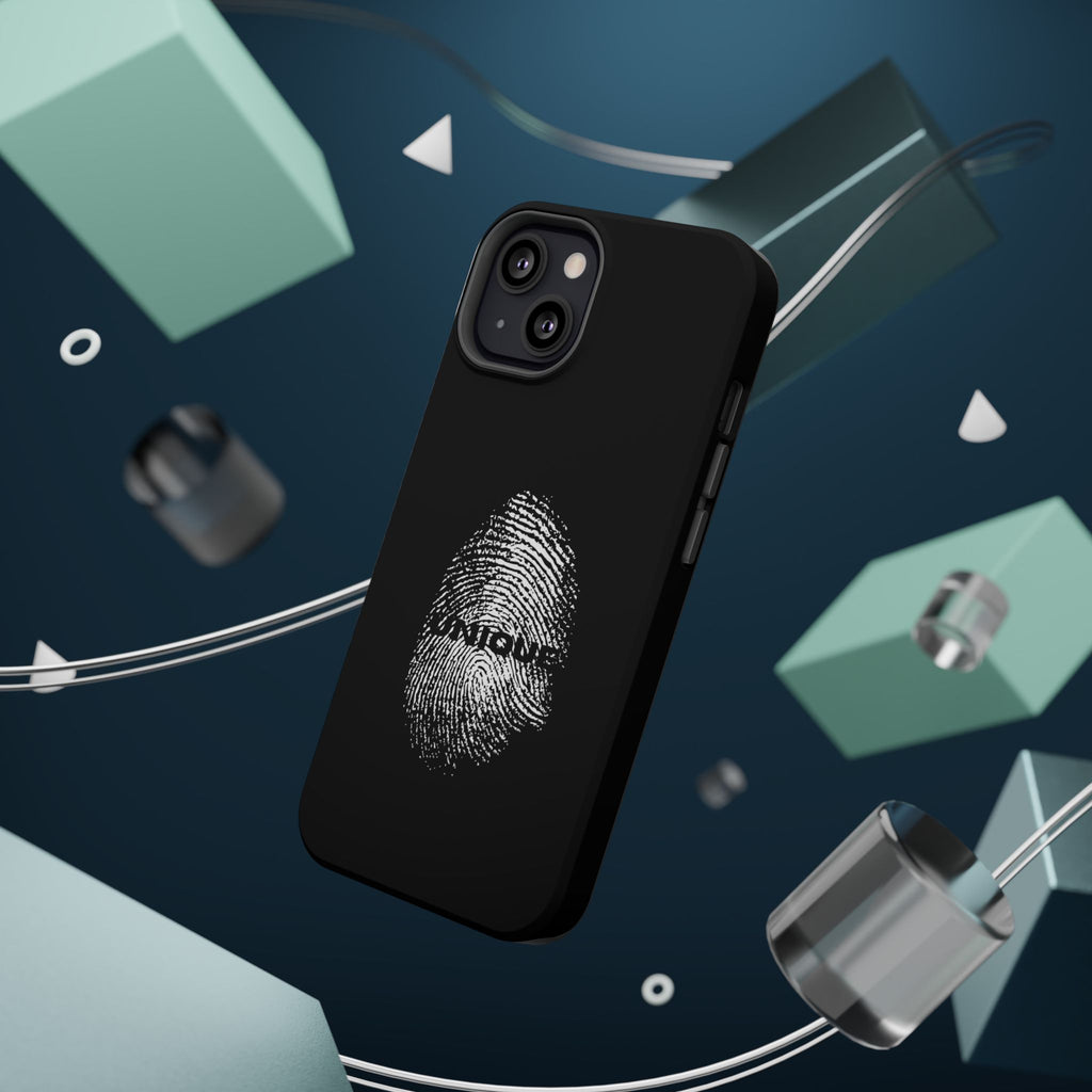 iPhone Case — Black Magnetic Impact-Resistant with Fingerprint Graphic & "Unique" Text