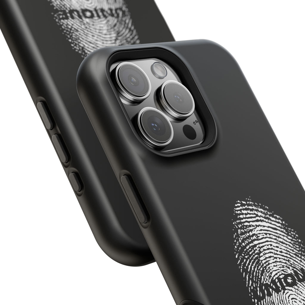 iPhone Case — Black Magnetic Impact-Resistant with Fingerprint Graphic & "Unique" Text