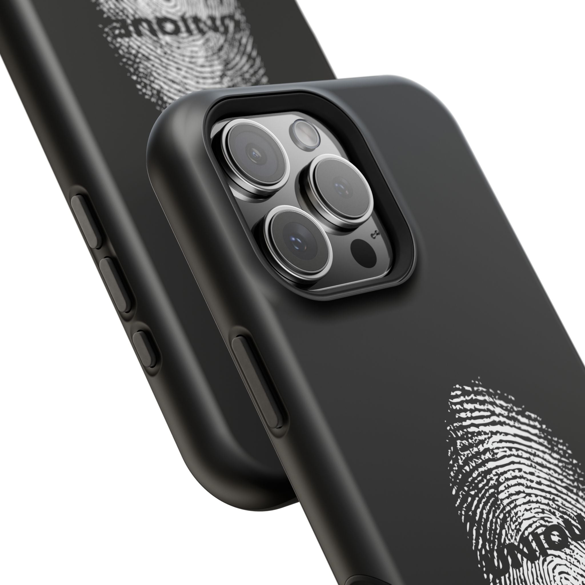iPhone Case — Black Magnetic Impact-Resistant with Fingerprint Graphic & "Unique" Text