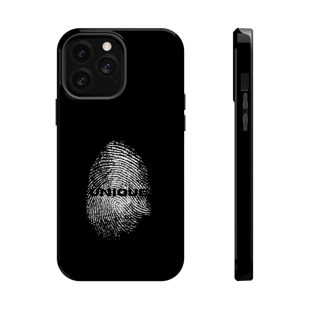 iPhone Case — Black Magnetic Impact-Resistant with Fingerprint Graphic & "Unique" Text
