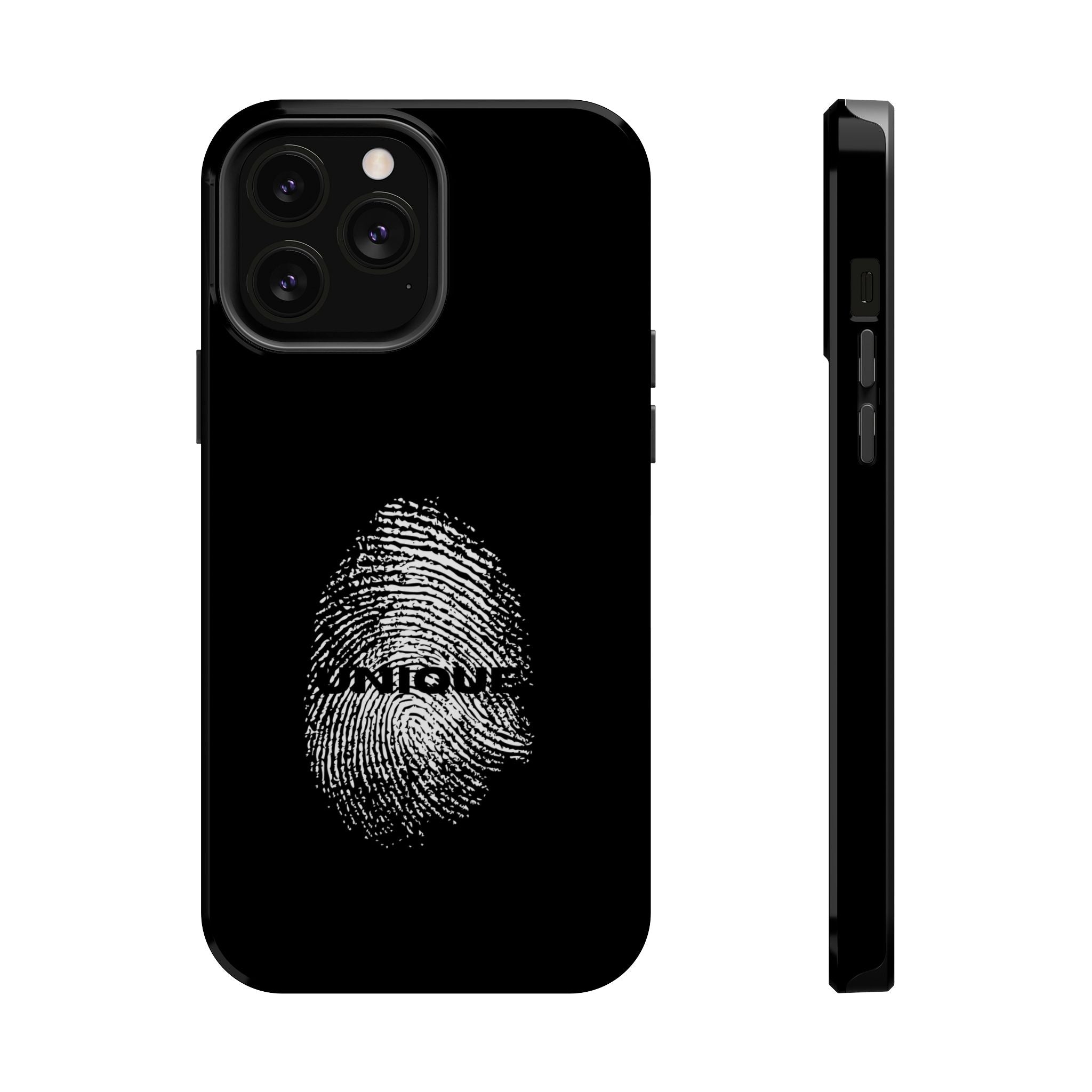 iPhone Case — Black Magnetic Impact-Resistant with Fingerprint Graphic & "Unique" Text