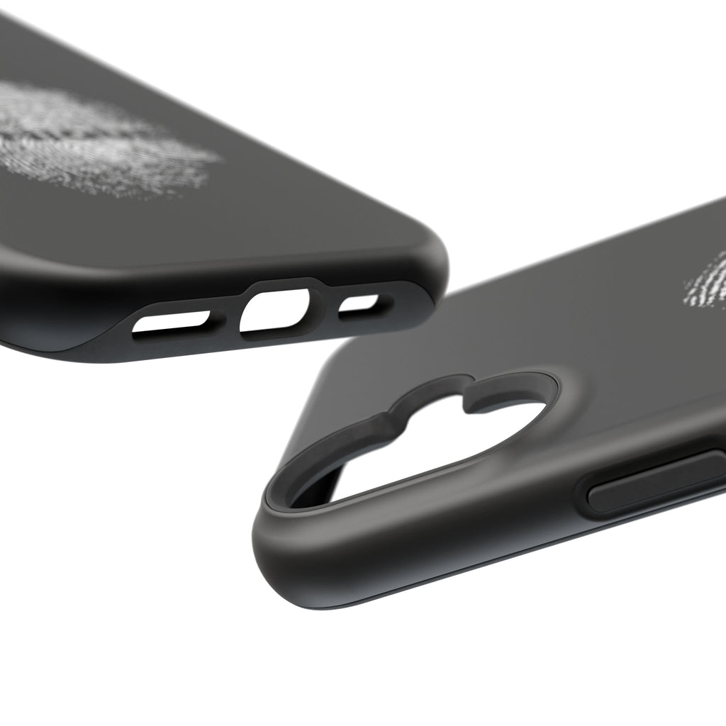 iPhone Case — Black Magnetic Impact-Resistant with Fingerprint Graphic & "Unique" Text