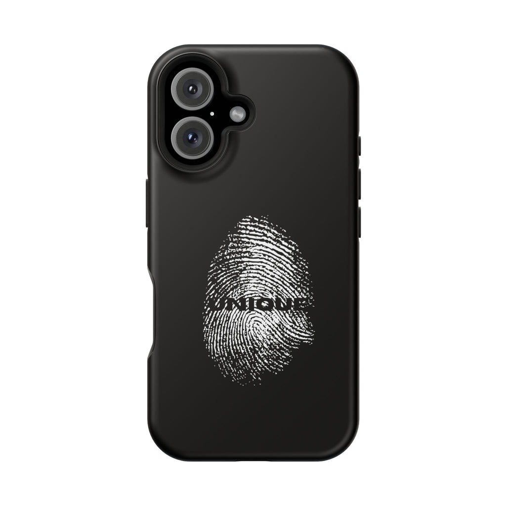 iPhone Case — Black Magnetic Impact-Resistant with Fingerprint Graphic & "Unique" Text