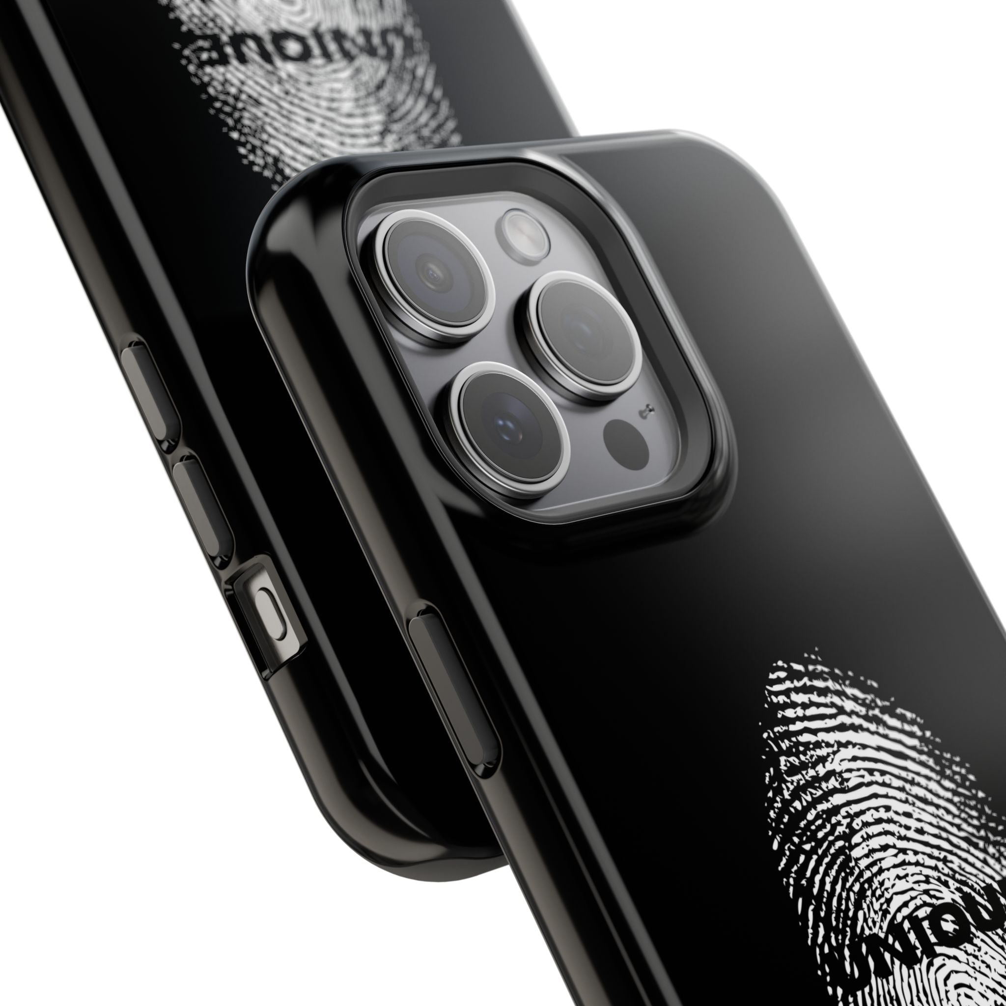 iPhone Case — Black Magnetic Impact-Resistant with Fingerprint Graphic & "Unique" Text