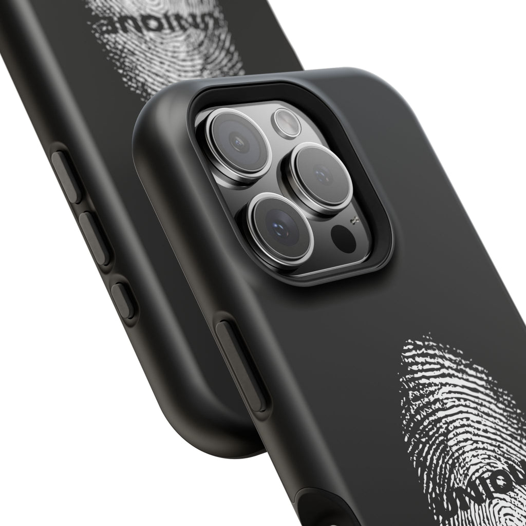 iPhone Case — Black Magnetic Impact-Resistant with Fingerprint Graphic & "Unique" Text