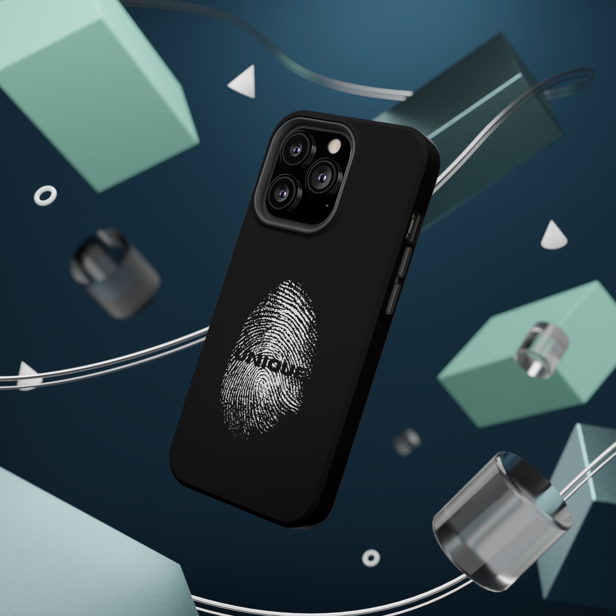 iPhone Case — Black Magnetic Impact-Resistant with Fingerprint Graphic & "Unique" Text