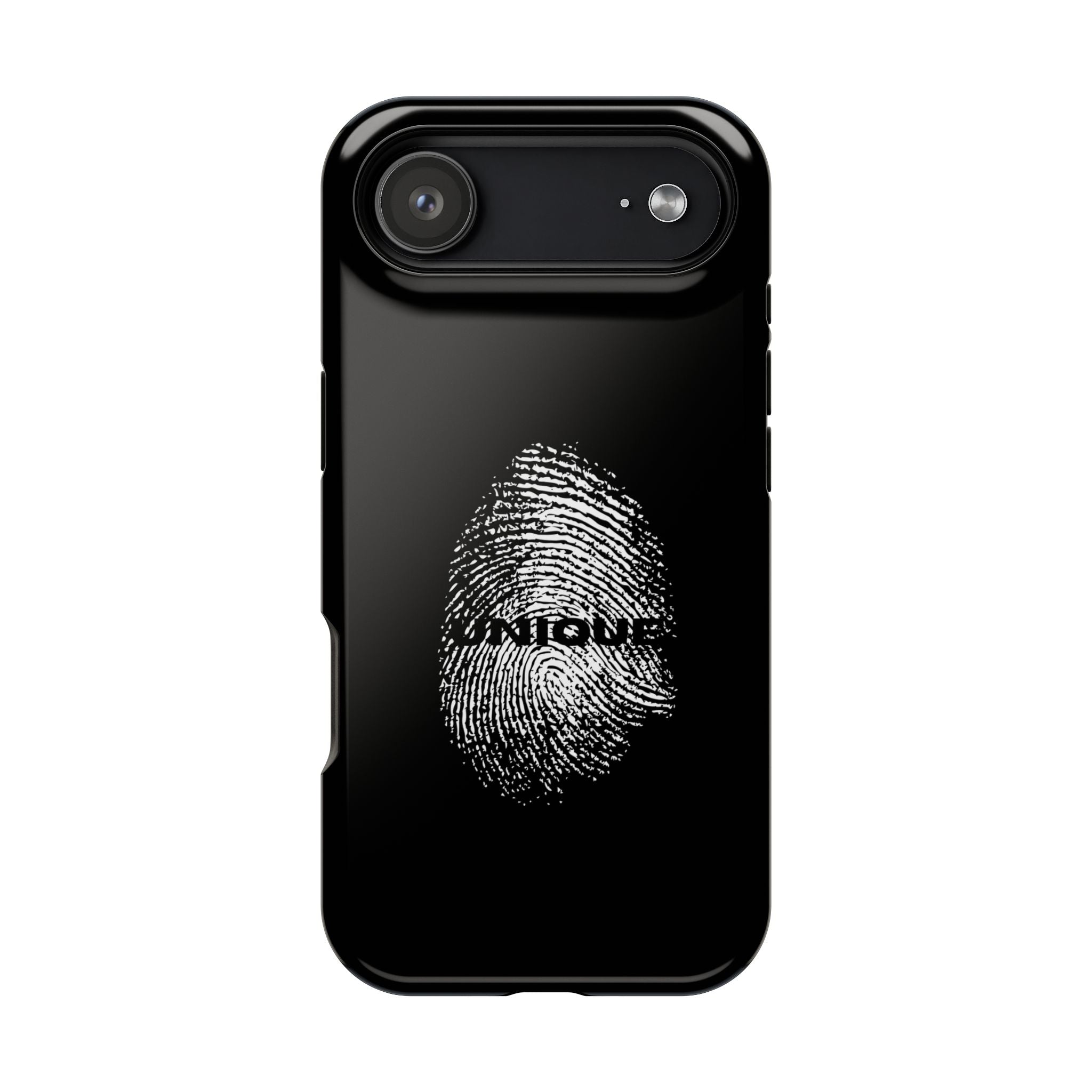 iPhone Case — Black Magnetic Impact-Resistant with Fingerprint Graphic & "Unique" Text