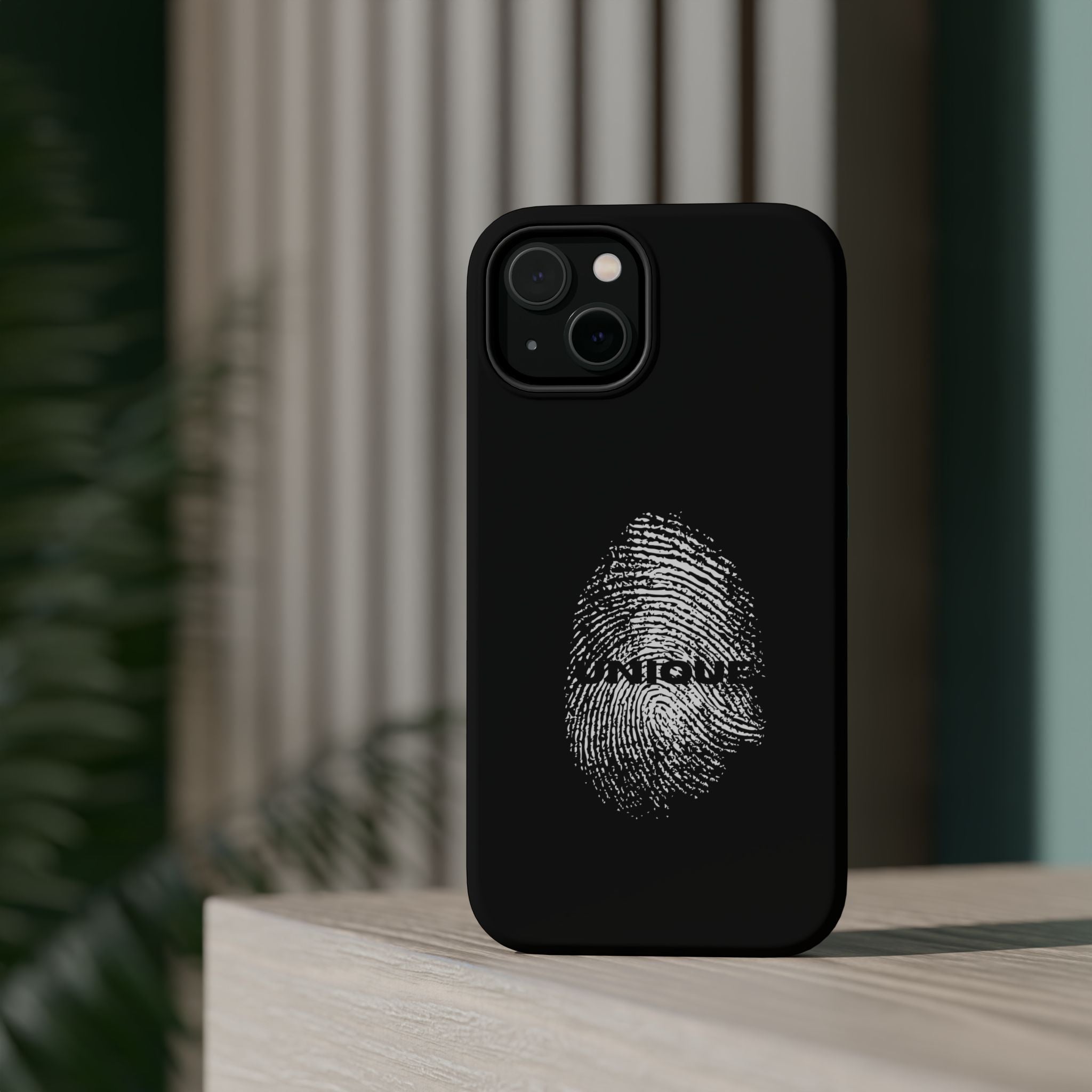 iPhone Case — Black Magnetic Impact-Resistant with Fingerprint Graphic & "Unique" Text