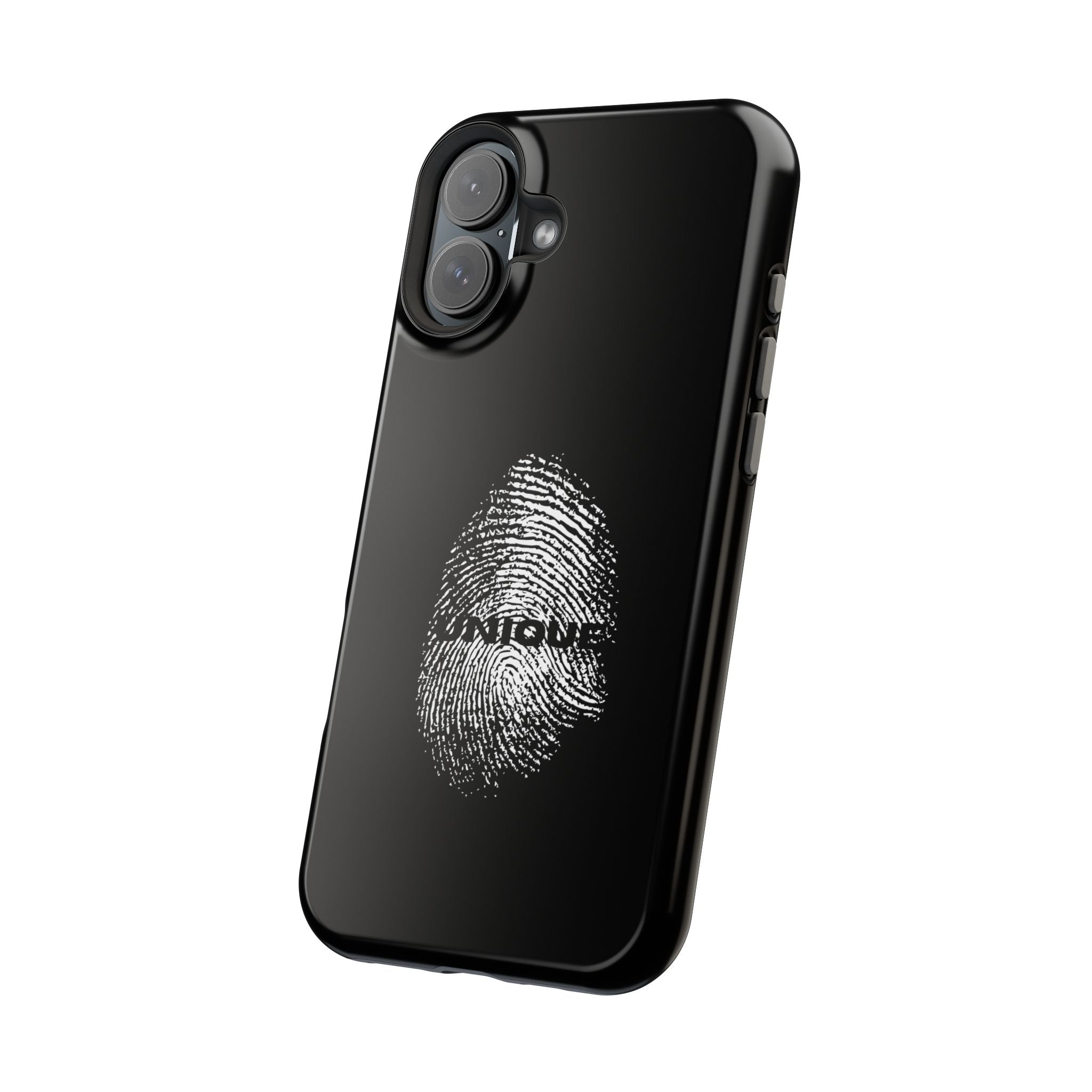 iPhone Case — Black Magnetic Impact-Resistant with Fingerprint Graphic & "Unique" Text