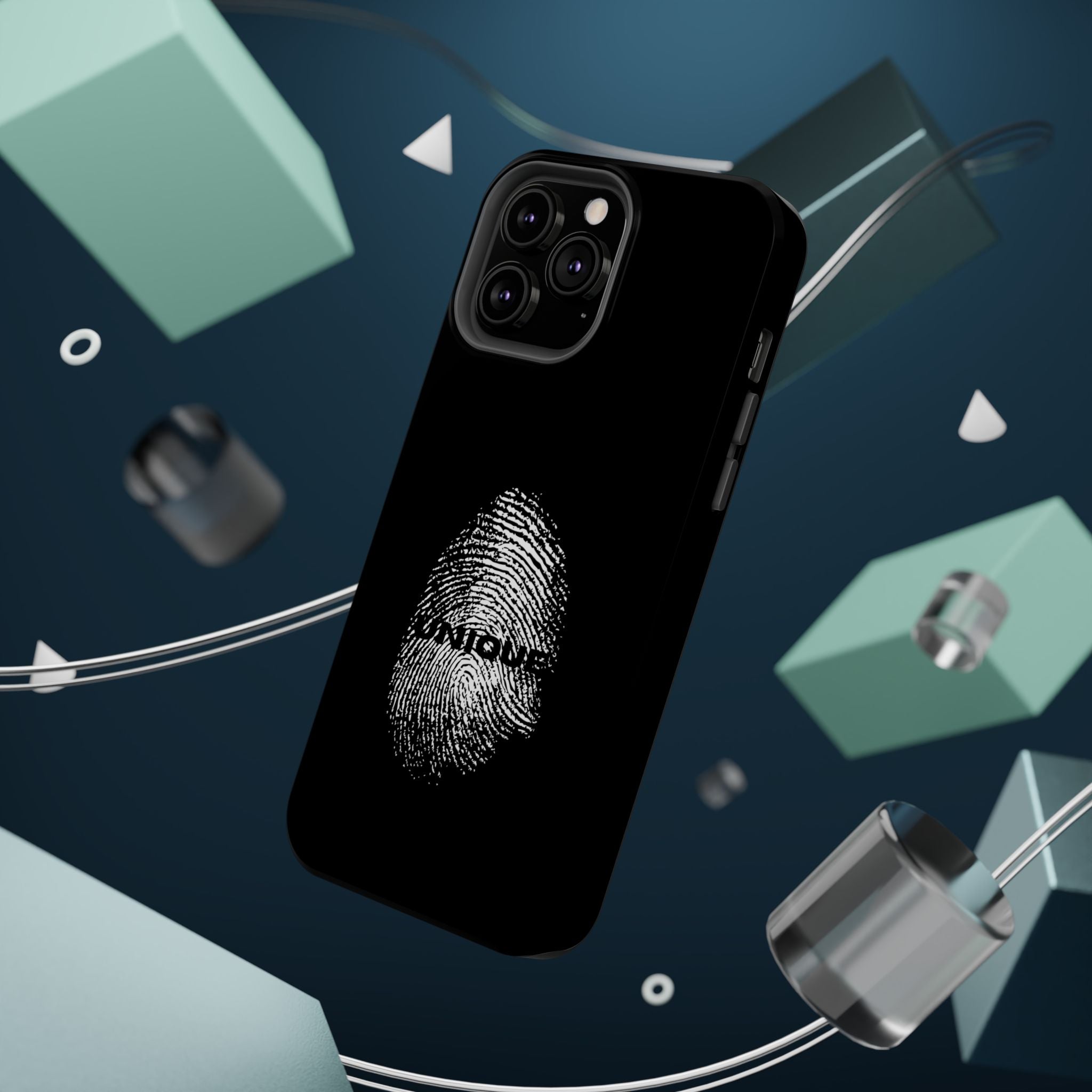 iPhone Case — Black Magnetic Impact-Resistant with Fingerprint Graphic & "Unique" Text
