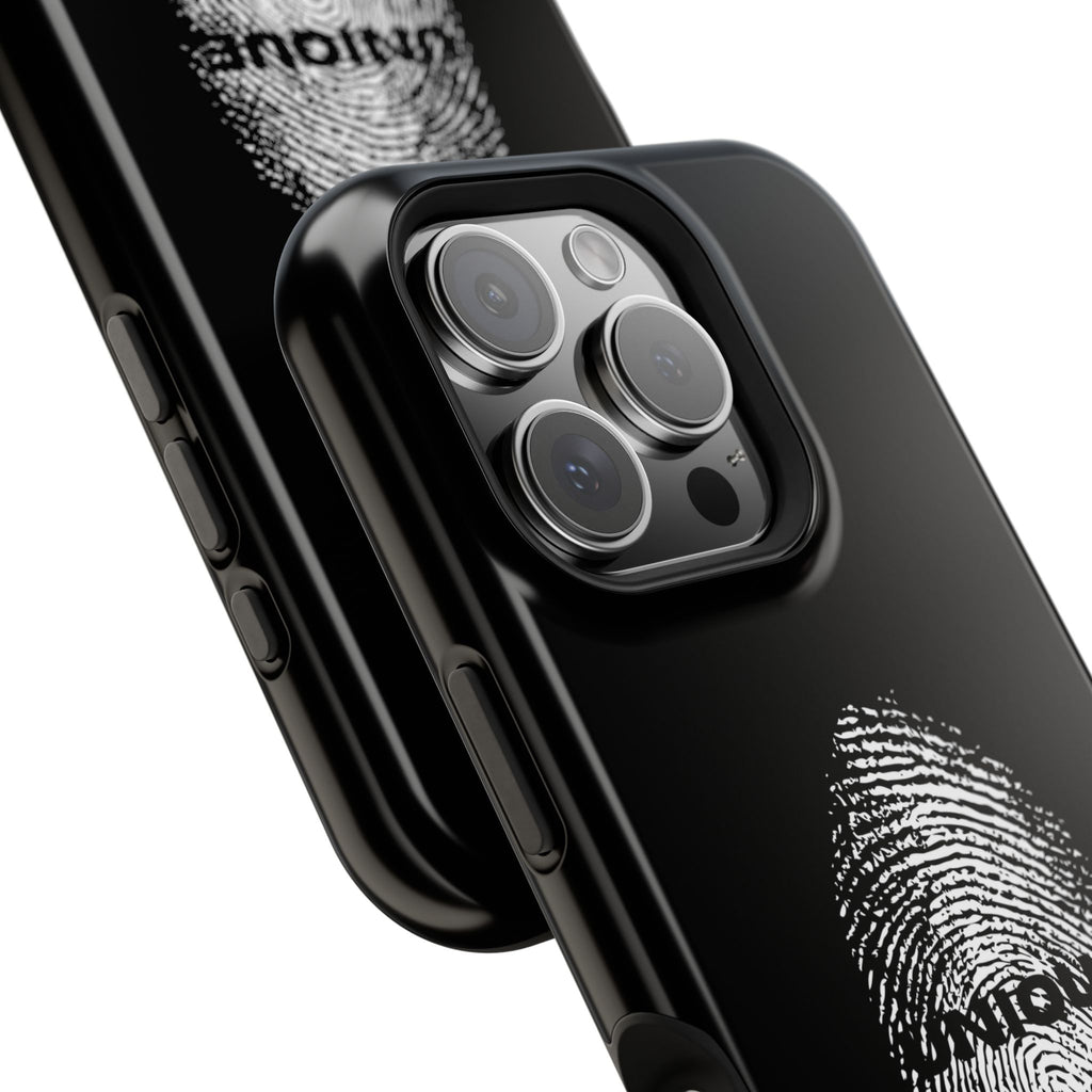 iPhone Case — Black Magnetic Impact-Resistant with Fingerprint Graphic & "Unique" Text